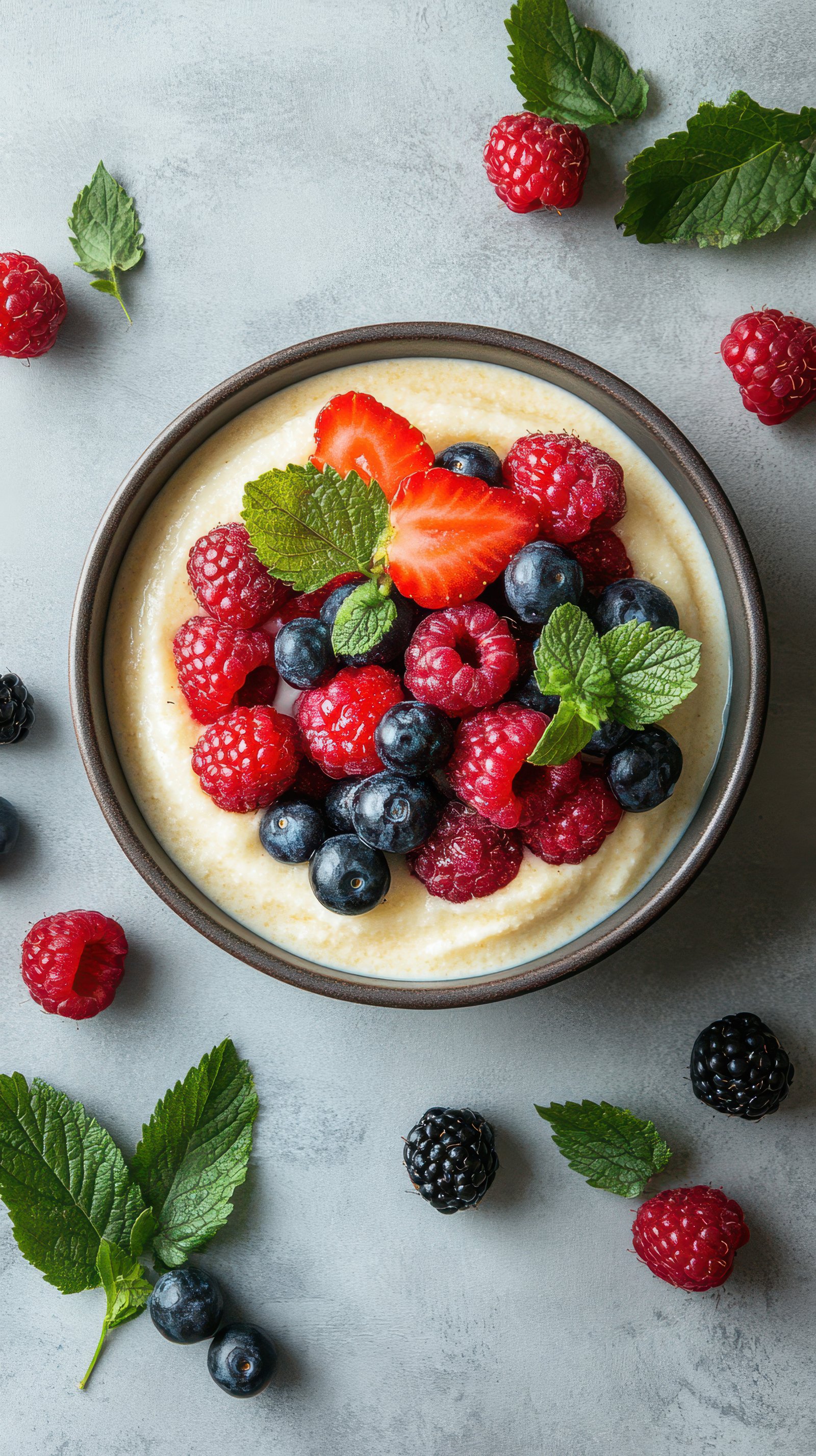 Berry bowl with fresh raspberries, blueberries, and mint leaves arranged on a gray countertop